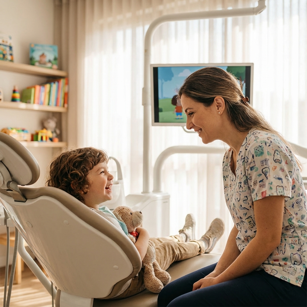 Gentle pediatric dentist examining a happy child
